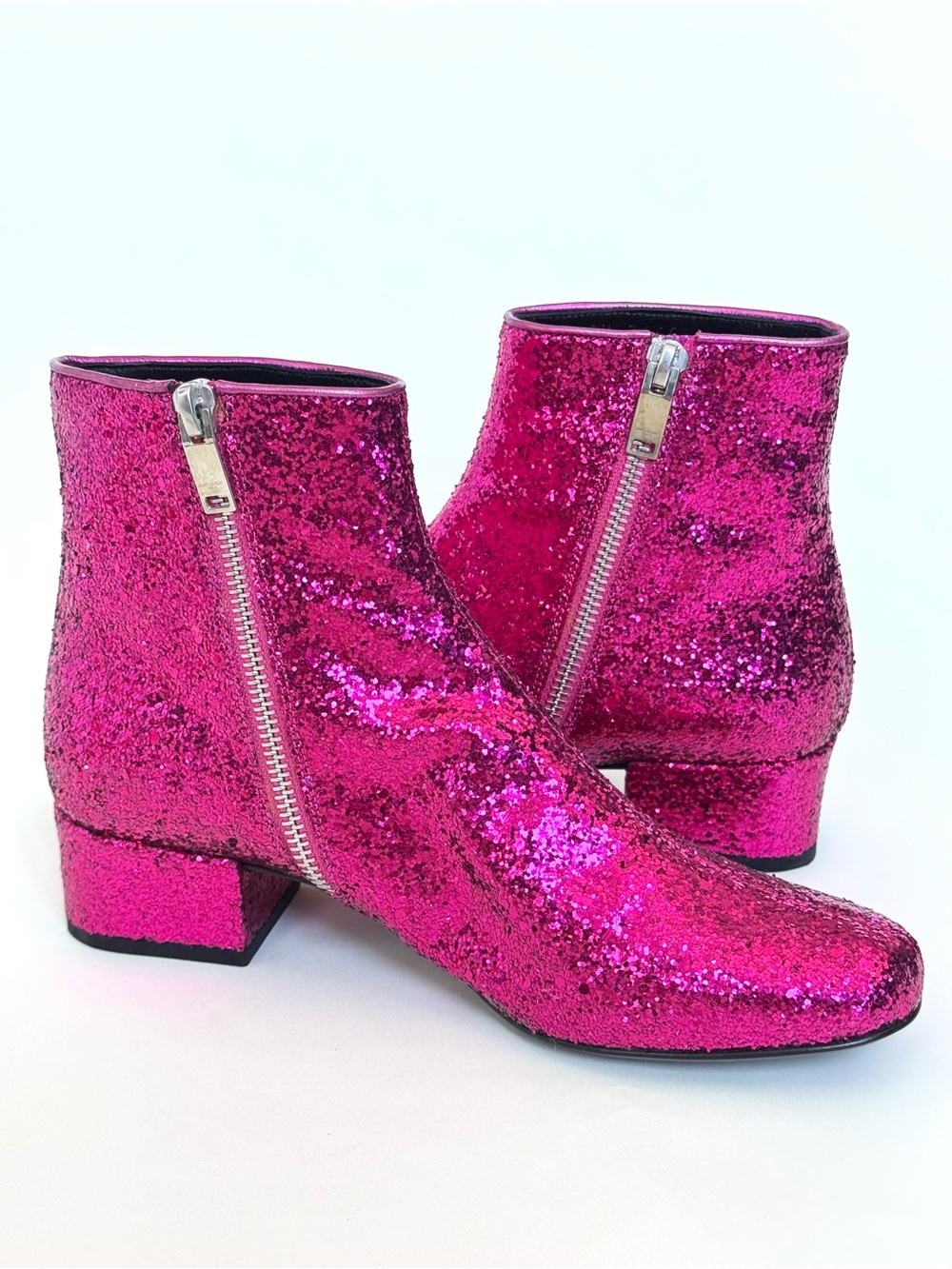 Saint Laurent "Babies" glitter ankle boots in hot pink from the F/W 14 Runway - Picture 7 of 12